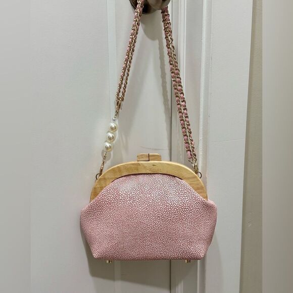 Pink Embossed Leather Handmade Round Wooden Frame Clutch/Crossbody & 2 Chains - Picture 1 of 16